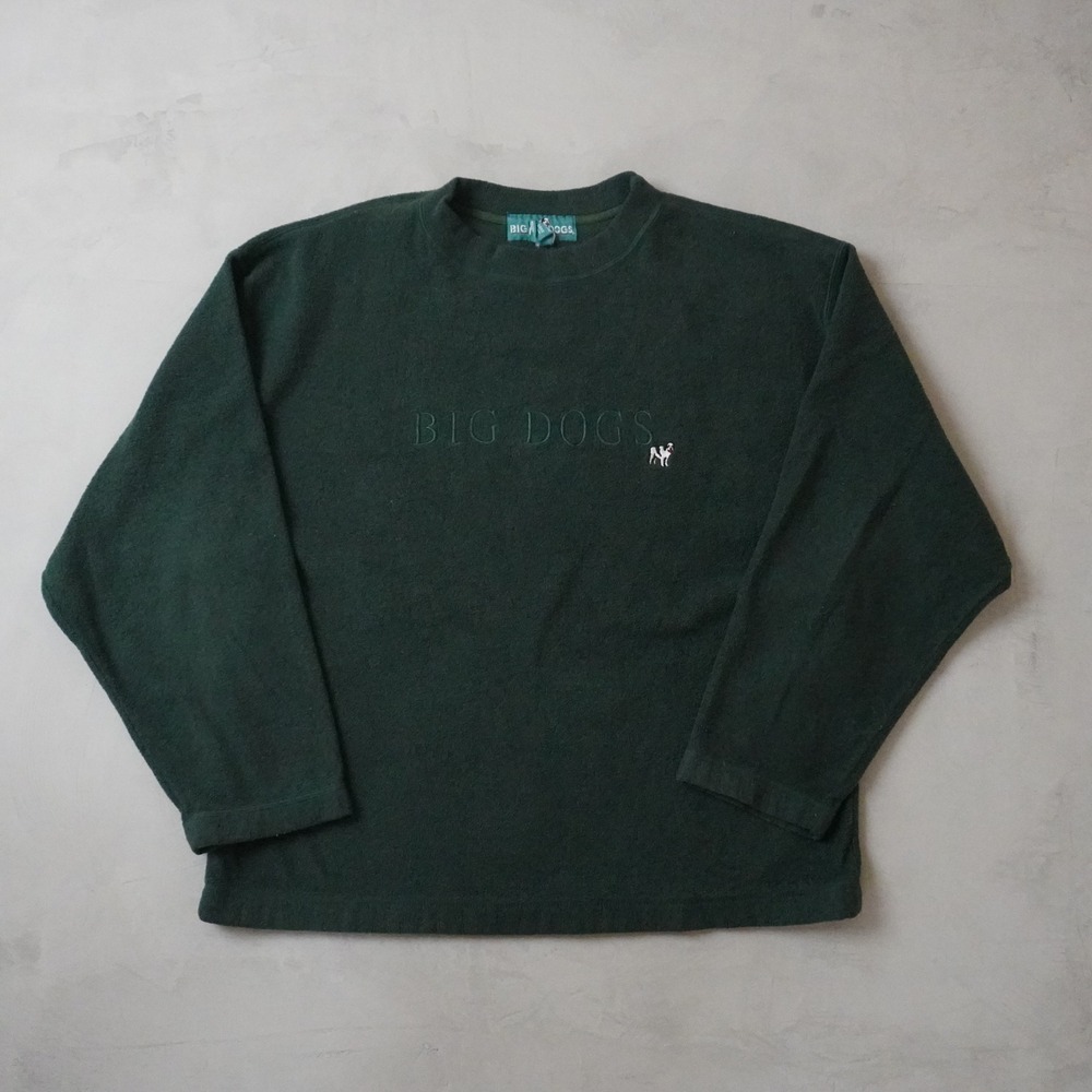 Vintage Big Dogs Fleece Pullover Large Mens Green Embroidered Crew Neck Sweater